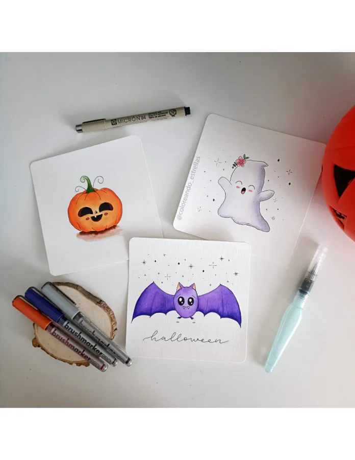 Acuarela kawaii de Halloween con rotuladores acuarelables