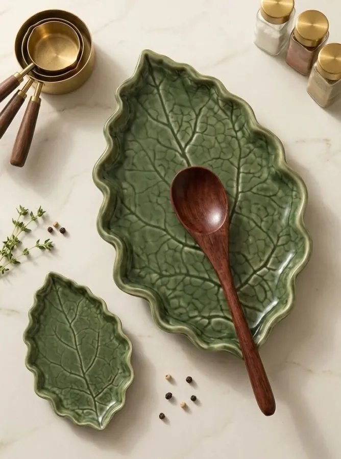 Platos de aperitivo con hojas naturales