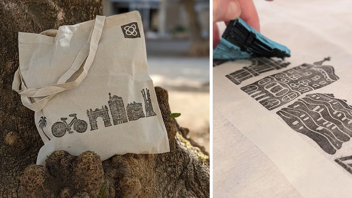 Sellos tallados y estampación de una totebag